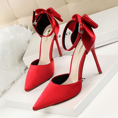 5196-1 han edition shoes high heel with shallow mouth sweet hollow pointed satin bow after one word with sandals