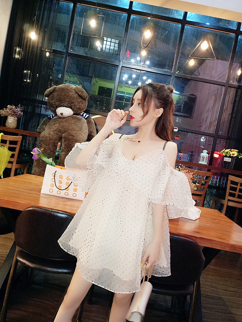 实拍~夏韩版甜美吊带一字领露肩宽松大码波点超短裙气质上衣8472