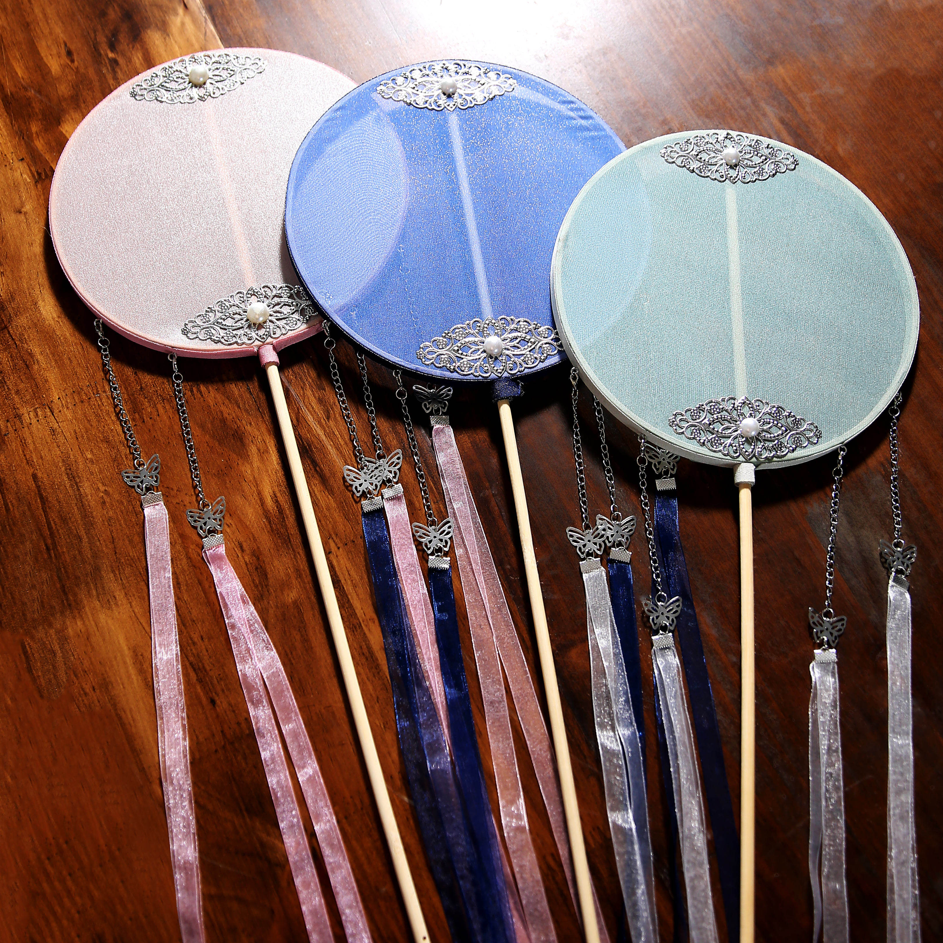 圆团扇成品烫金红白黑长柄汉服拍照道具宫扇古风扇礼物diy材料包