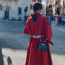 Red woolen coat womens mid-length 2020 winter new Korean version loose long over-the-knee woolen coat trendy winter