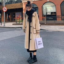 Beige woolen coat womens 2022 new mid-length college style navy collar woolen coat plus velvet thickening