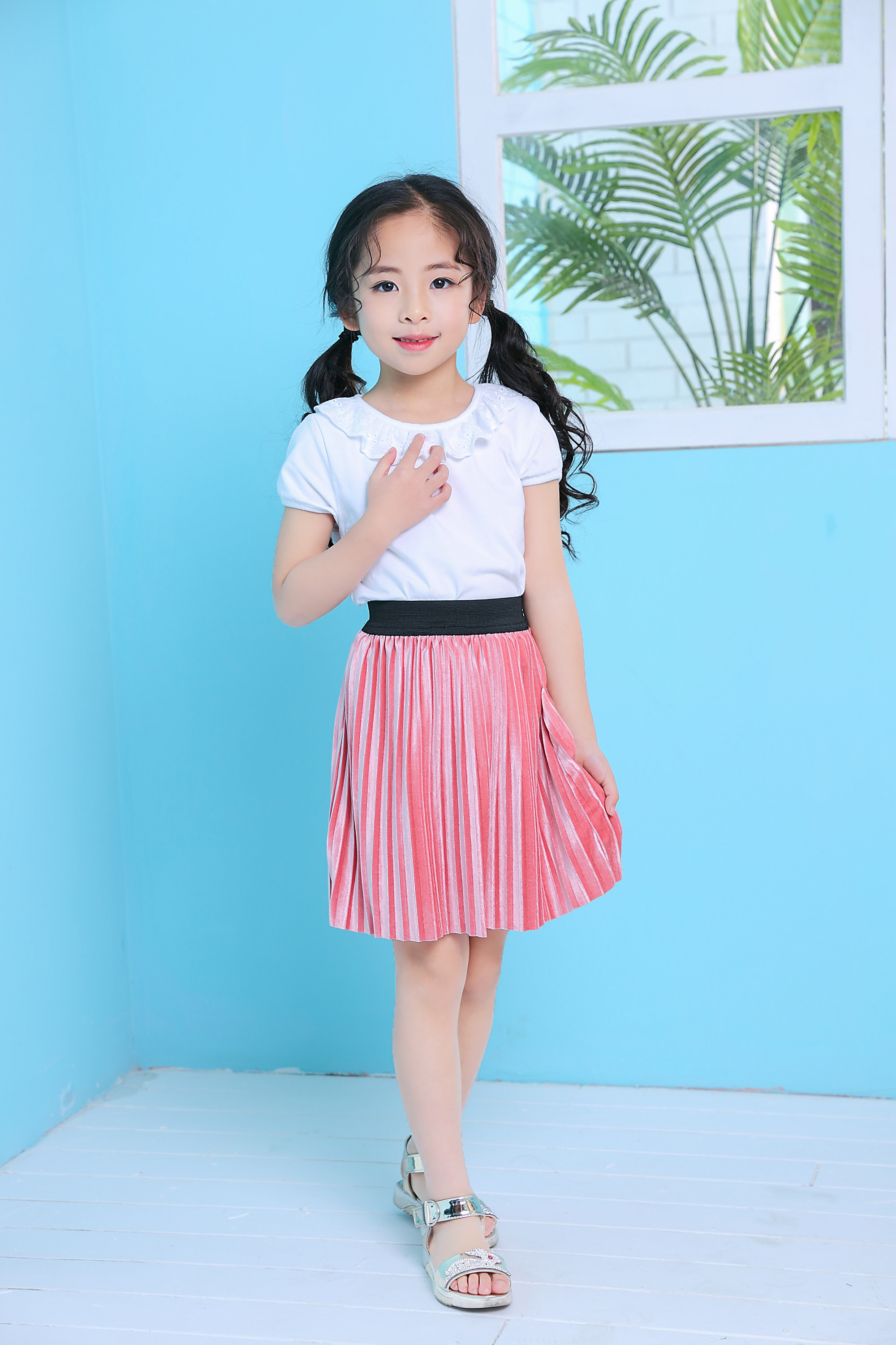 童装女童金丝绒 网纱裙 2018年春夏季新品儿童金属质感百褶半身裙