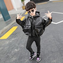 Small children autumn boys leather jacket coat spring and autumn foreign style Korean version 2021 new mens leather jacket hooded handsome