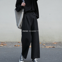 VNOOKFW wide leg pants womens autumn and winter high waist loose thickened striped nine-point wool casual pants