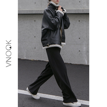 VNOOK black handsome short motorcycle leather womens 2021 stand-up collar composite lamb plush long-sleeved velvet jacket