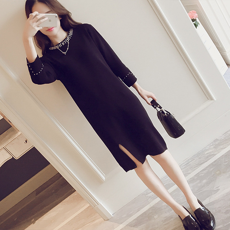 2017秋冬新款韩版显瘦百搭修身针织连衣裙女中长款气质开叉打底裙_5折