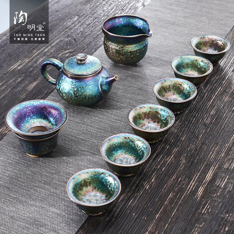 TaoMingTang variable colorful peacocks masterpieces temmoku glaze built light tea home outfit with silver cups