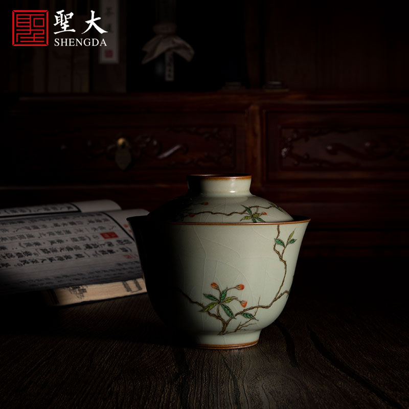 Holy big ceramic green glaze enamel a fold branch flowers tureen kung fu tea cups suit household jingdezhen tea bowl