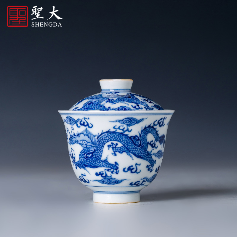 Holy big pure hand - made ceramic no riding tureen manual blue - and - white longfeng grain single breadth tea bowl of jingdezhen tea service by hand