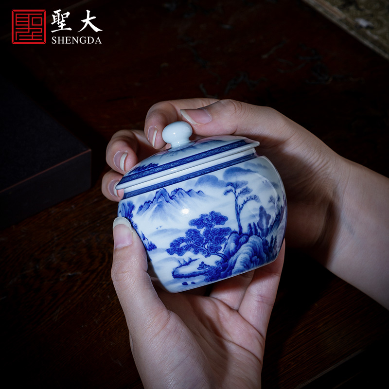 Holy big pure hand - made ceramic blue yunshan pale jiang graph caddy fixings store receives all hand fittings of jingdezhen tea service