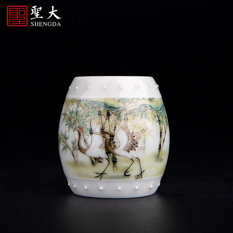 Holy big ceramic powder enamel bamboo crane figure engraved look group long - lived lines cover saucer full manual hand - made jingdezhen tea accessories