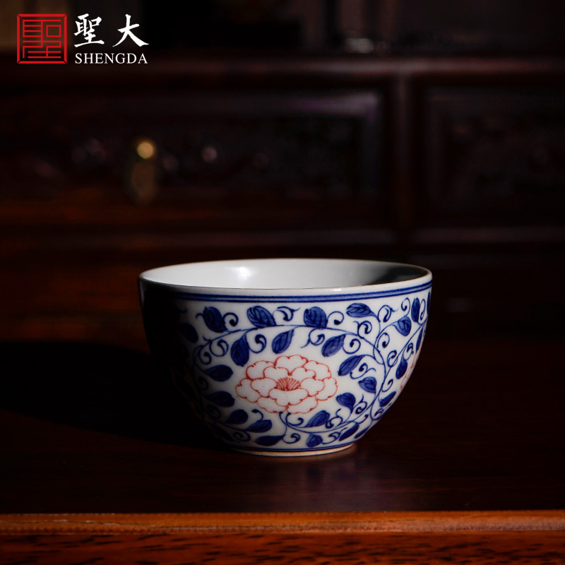 The big red color ceramic blue grass around branches uncluttered peony lines lie fa cup pure manual hand - made kung fu tea cups