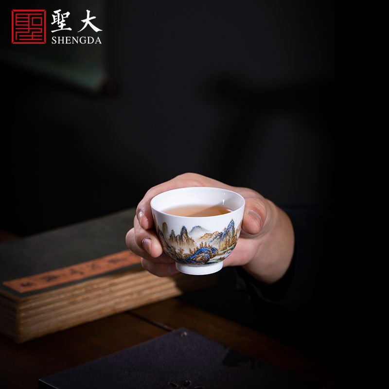 Santa teacups hand - made ceramic kung fu new pastel colored green landscape master cup sample tea cup of jingdezhen tea service