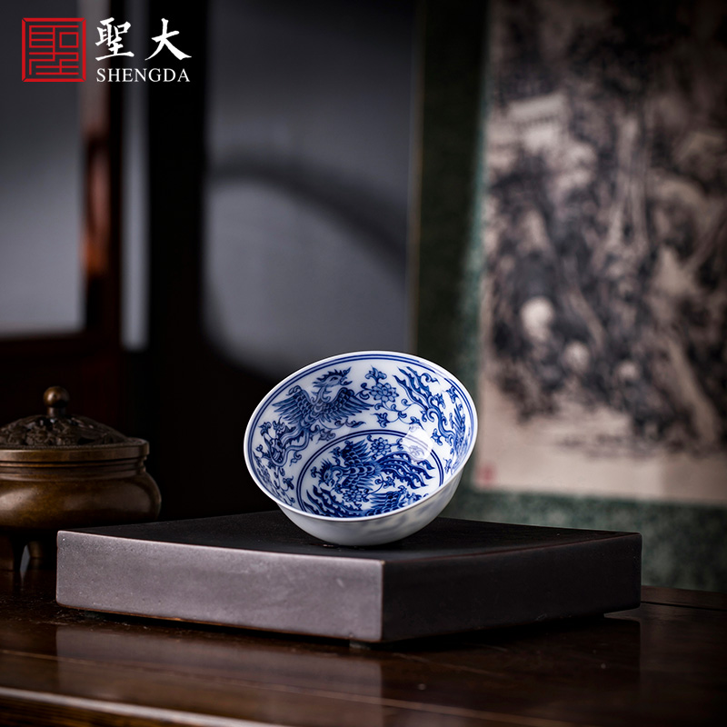 Holy big ceramic kung fu tea sample tea cup five phoenix design masters cup of jingdezhen blue and white painting of bound branch tea by hand