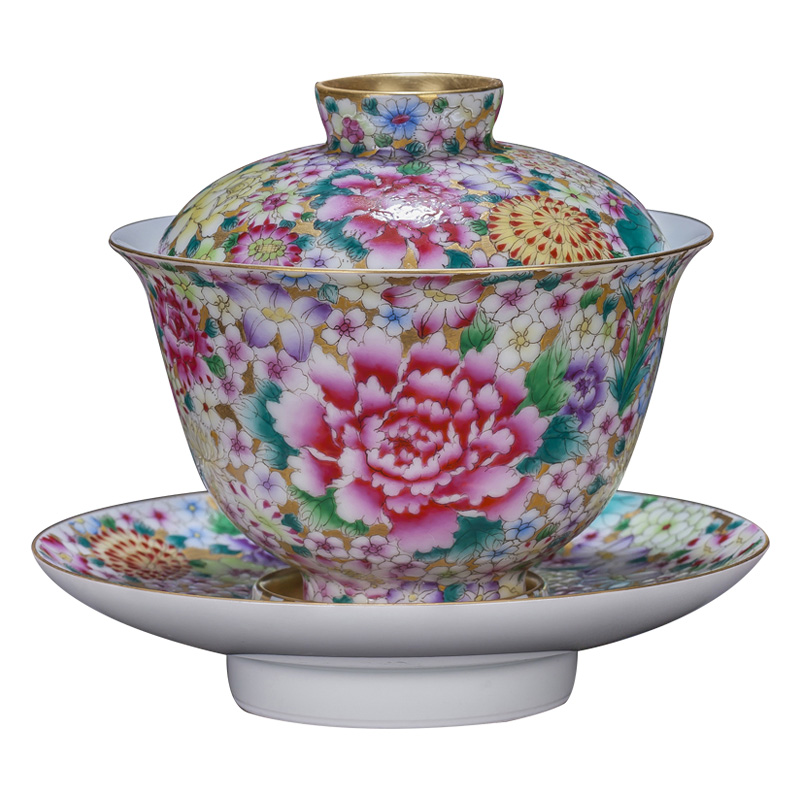 St large ceramic three tureen hand - made gold base famille rose flower notes tureen tea bowl full manual of jingdezhen tea service