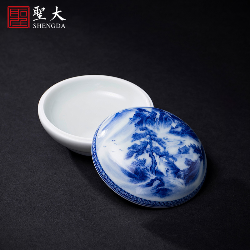 St four inkpad box of jingdezhen blue and white songshan hand - made maintain large ceramic windings inkpad cylinder four treasures of the study
