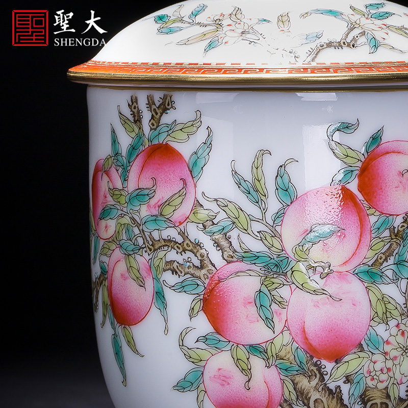 Holy big office cup hand - made ceramic famille rose, peach handle cup all hand with cover cup jingdezhen tea tea cup