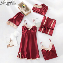 Ice silk pajamas summer womens five-piece set silk nightdress 2022 new sexy suspender chest cushion lace thin