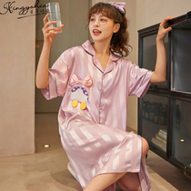Ice silk nightgown women summer thin cartoon short sleeves 2021 new fashion striped silk pajamas high-grade sense women