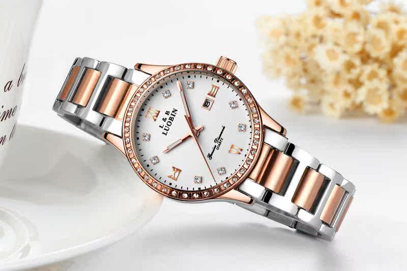【luobin美凯义官网】正品罗宾玫瑰金钢带女士手表女表防水钻时尚潮流