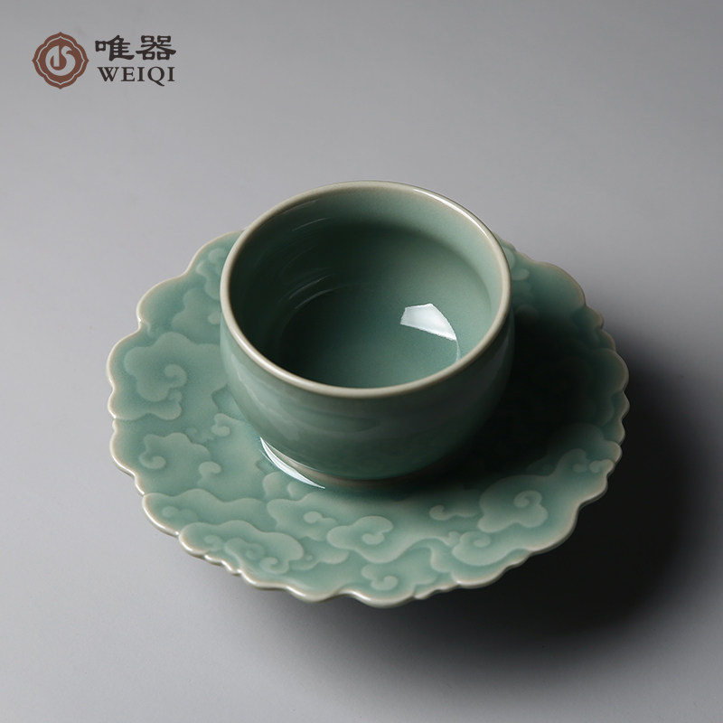 唯器龙泉青瓷大师王传斌纯手工祥云托杯一杯一托陶瓷功夫茶具茶盏_7折
