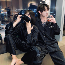 Ice silk couple pajamas womens summer thin long pajamas mens robe Black High sense 2021 Spring and Autumn New