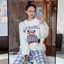 Cute bear pajamas womens winter coral fleece plus velvet thickened 2022 new soft home clothes spring and autumn