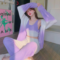 Sexy pajamas winter womens three-piece set 2022 new coral fleece soft thick net red home service spring and autumn