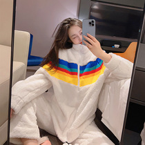 Rainbow striped pajamas winter womens coral fleece plus velvet thickened 2022 new net red home clothes spring and autumn sports