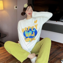 Smiling face coral fleece pajamas winter womens 2022 new flannel plus velvet thickened soft net red home clothes