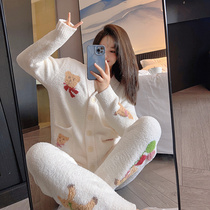 Bear Coral Fleece Pajamas Winter Women 2022 New Sexy Flannel Plus Velvet Thickening Soft Homewear Autumn