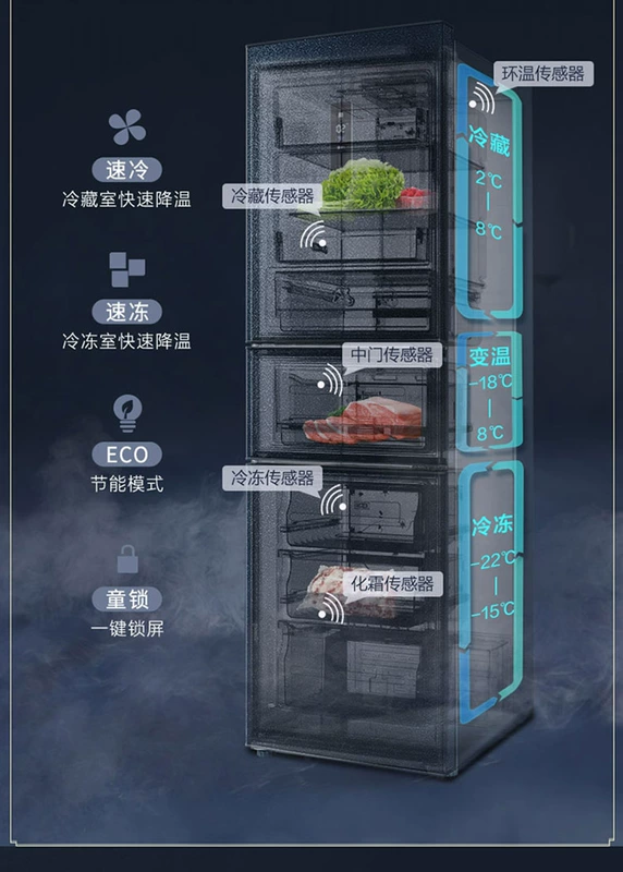 Tủ lạnh gia dụng TCL 260 lít ba cửa, làm mát bằng không khí, tiết kiệm năng lượng hạng nhất giúp tiết kiệm và tắt tiếng chuyển đổi tần số đôi quy mô vừa và nhỏ - Tủ lạnh