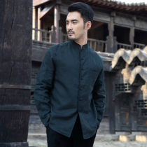 Middle Aged Tang Dress Man Long Sleeve Autumn Winter Retro Chinese Style Thick Shirt China Wind Flax Disc Buckle Zhongshan Clothing Hanfu