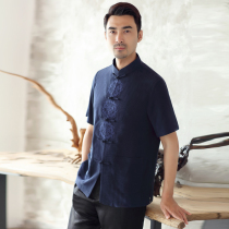 Middle Aged Tang Dress Mens Summer Short Sleeve Shirt Chinese Large Code Embroidered Blouse Casual Collar Pan Button Zhongshan Clothing