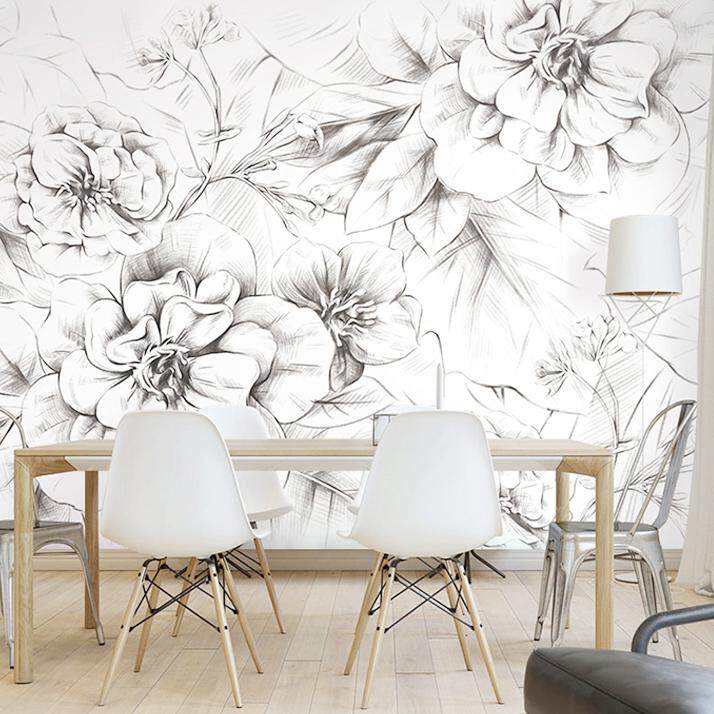 千贝卧室手绘壁纸黑白素描墙纸无缝定制花卉背景墙客厅电视墙壁画