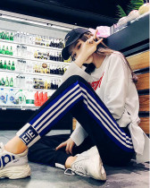 Chao brand autumn and winter plus velvet padded striped sports pants women's loose casual Harlan pants Korean version of toe pants