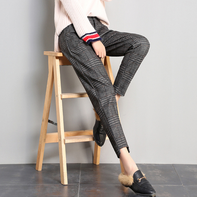 英伦格子裤女宽松复古毛呢裤子秋冬2018新款加绒裤九分小脚哈伦裤