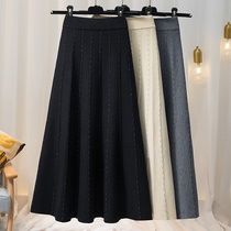 Long knitted skirt women autumn and winter New High waist shiny wool A- line dress Joker winter skirt