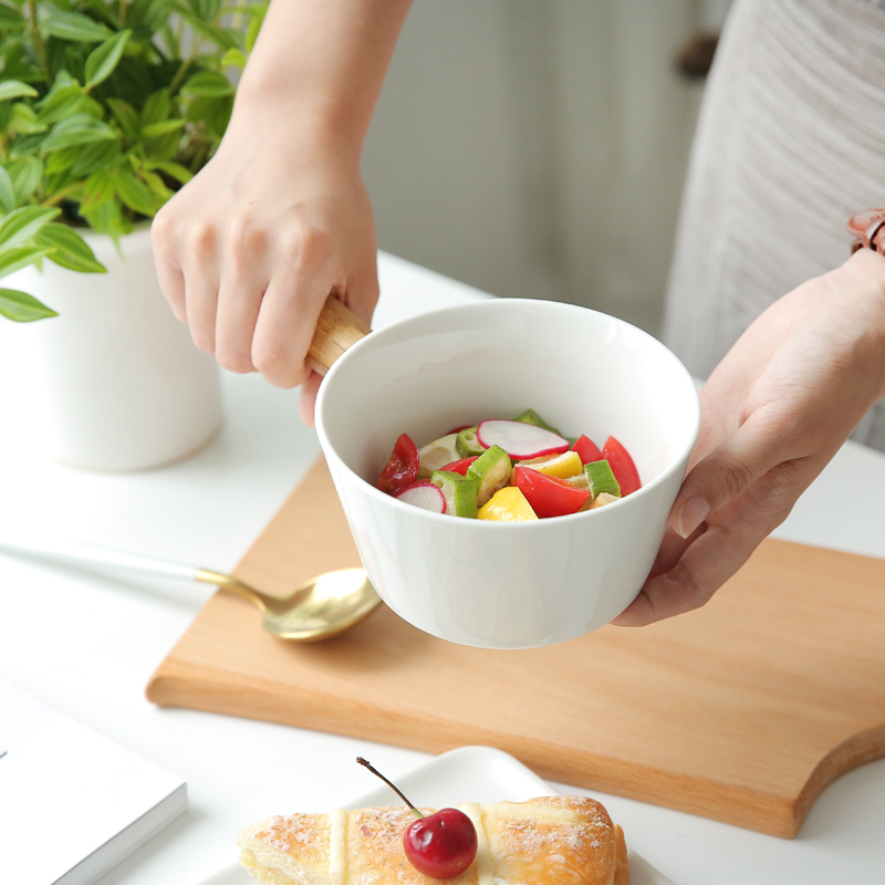 Sichuan in pure color bamboo handle white porcelain bowl of salad for breakfast serie rainbow such as bowl of fruit bowl dessert bowl bowl in hand W - 59