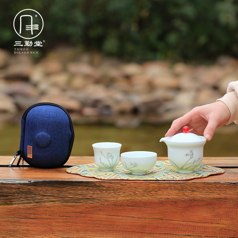 Three frequently two hall, a pot of crack of jingdezhen ceramic portable kung fu tea set TZS067 office trip