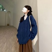 Sweater woman autumn and winter wear 2021 new Korean version V collar 100 lap loose Lazy Thickened Comeback Flower Knit Blouse