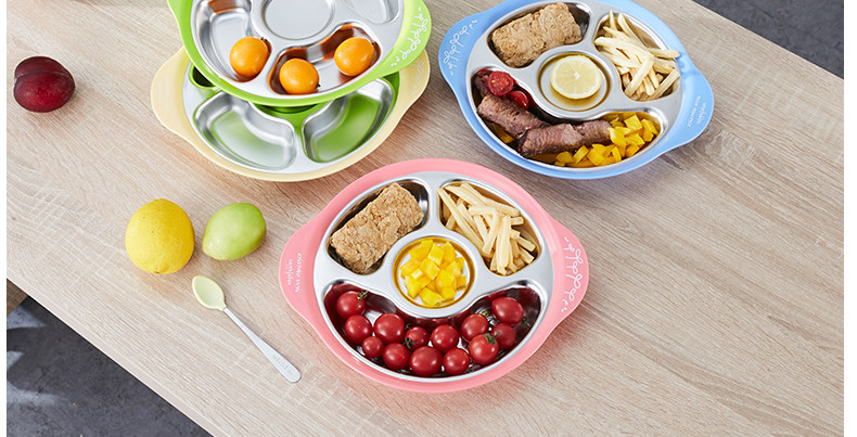 儿童餐具套装 304不锈钢宝宝分格餐盘 勺子饭叉碗盘三格分菜盘子