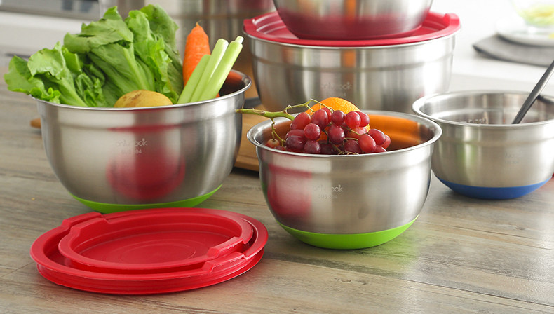 304不锈钢沙拉盆 防滑家用厨房烘焙打蛋盆 和面盆带刻度盆带盖子