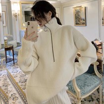 White high collar zipped sweater woman autumn winter new lazy wind thickened with loose external wearing collar-knitted sweatshirt