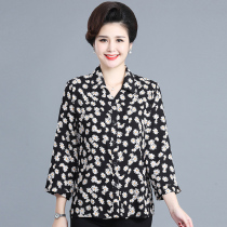 Middle-aged mother spring and autumn large size blouse top Cotton silk lapel printed nine-point sleeve shirt cardigan jacket female