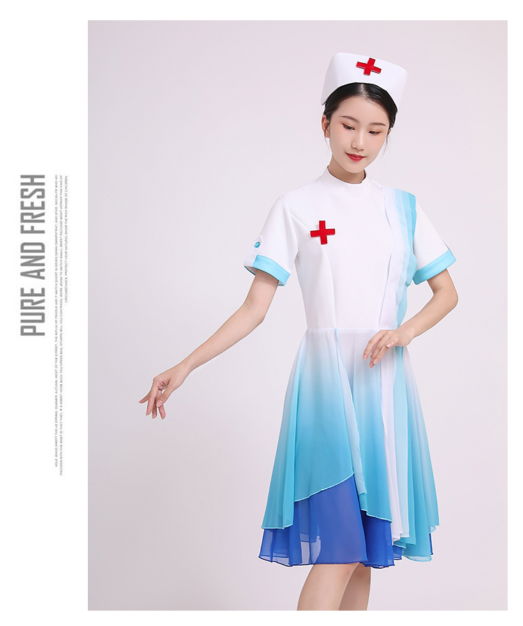 新款护士演出服医生抗疫合唱表演服古典舞蹈飘逸长袖开场舞连衣裙