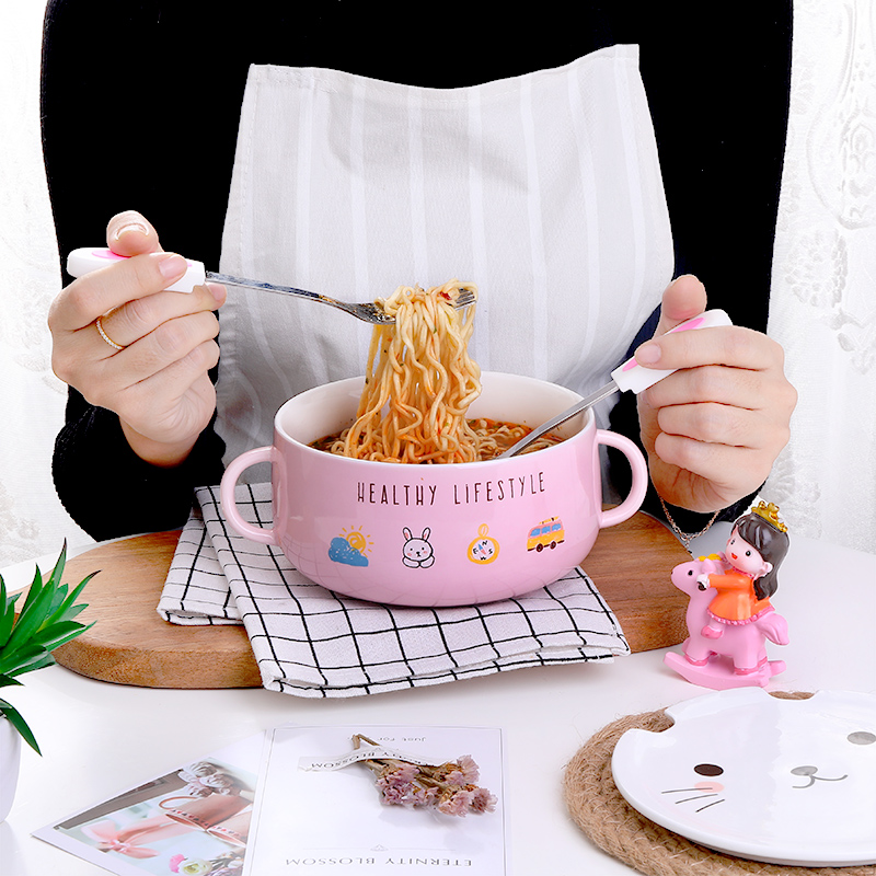 Creative lovely ceramic bowl of soup bowl with cover dormitory instant noodles bowl chopsticks household size suit students eat bowl dishes