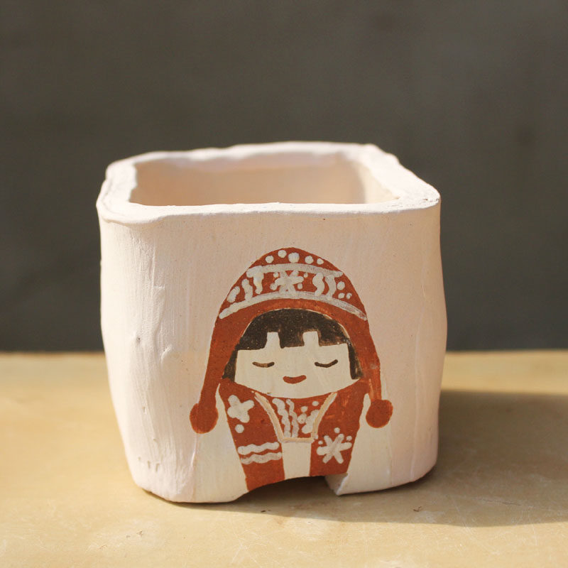 一卌 逗籽籽 套色版画卡通系列多肉花盆 手工陶土透气盆 方口盆