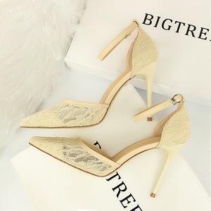 283-8 European and American wind sexy high-heeled shoes high heel with shallow pointed mouth mesh lace hollow out on