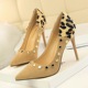 1717-8 European and American wind sexy club high heels high with shallow mouth pointed suede leopard grain color matching riveting nude shoes